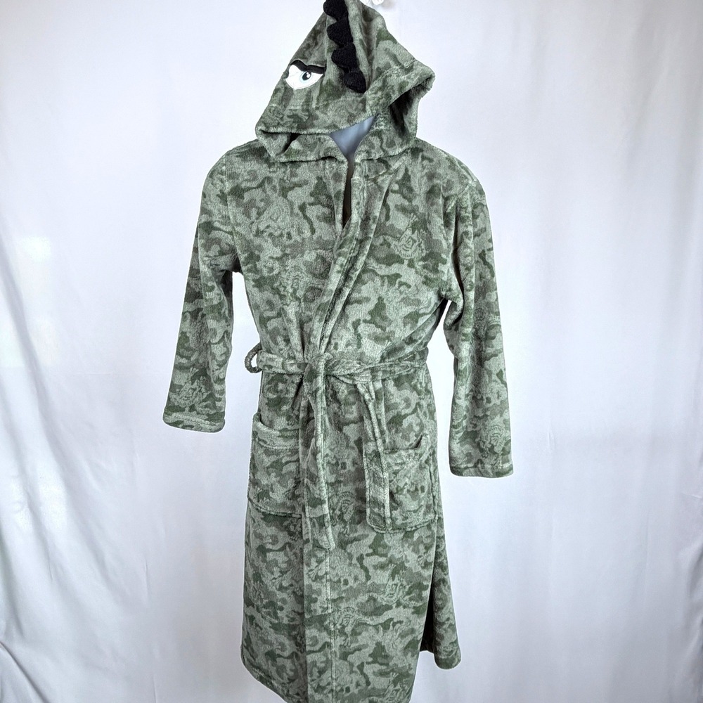 Dinosaur Hooded Plush Bath Robe Camo Green Cosplay Loungewear Belted Unisex